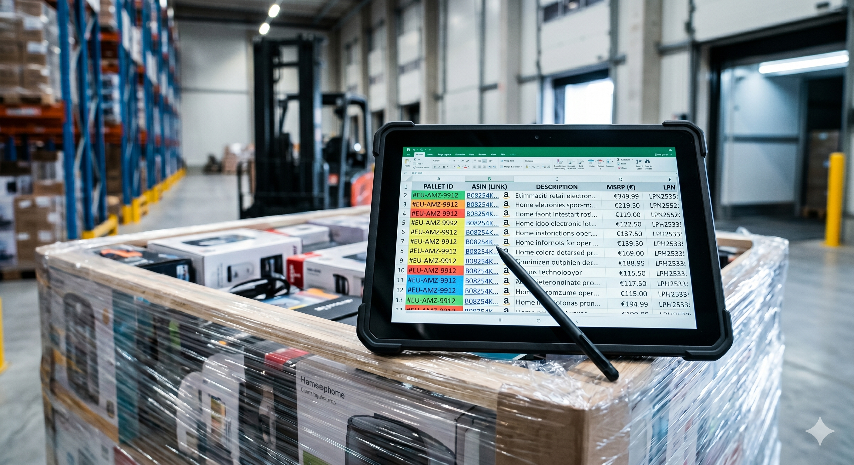 B-Aftermarket transparent inventory manifest on rugged tablet with ASIN links and sorted MSRP
