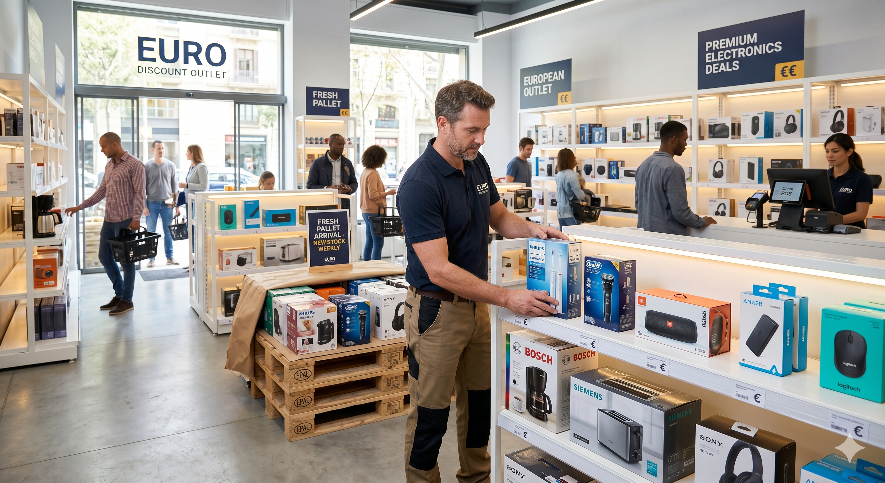 Discount store owner stocking shelves with high-margin inventory from an Amazon overstock pallet.